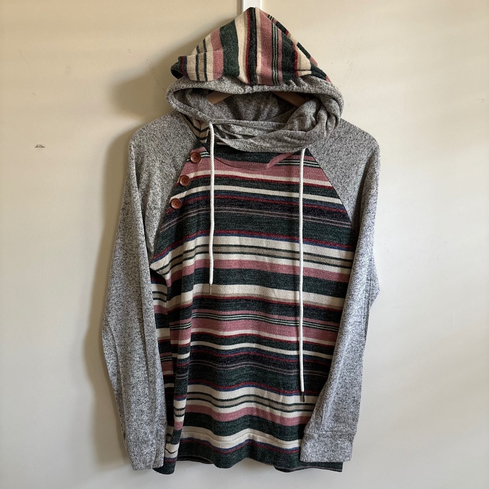 Vanilla Bay Striped Cowl Neck Hoodie Grey Pink Green VT22449 Medium